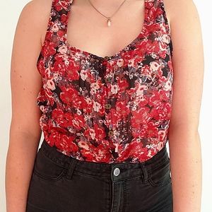Red Floral Button Top